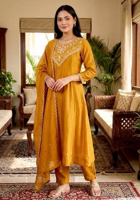 Golden Sequin Work Silk Kurta Set