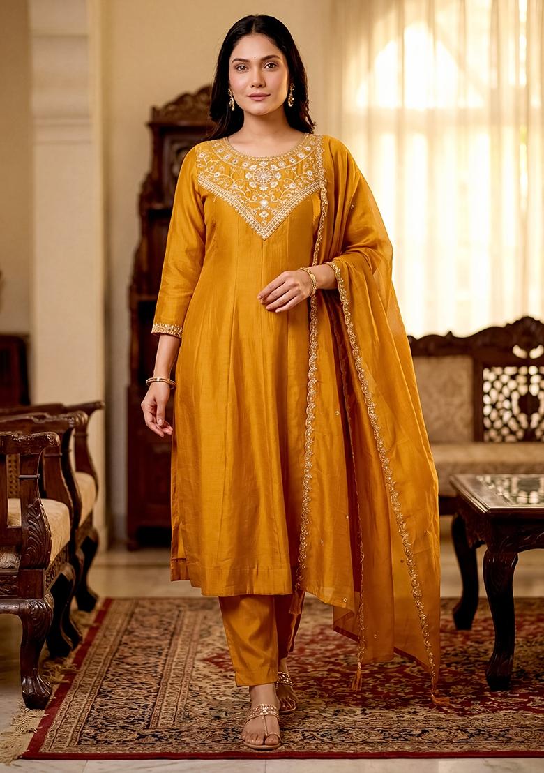 Golden Sequin Work Silk Kurta Set - Indya