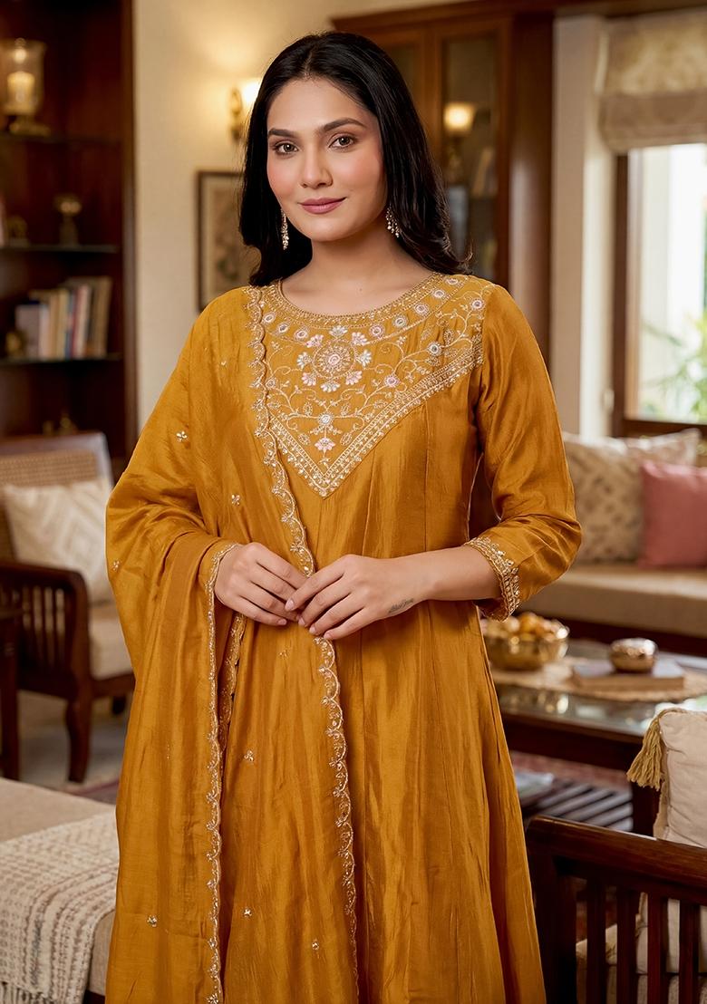 Golden Sequin Work Silk Kurta Set - Indya