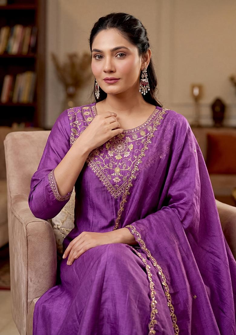 Orange Sequin Work Silk Kurta Set - Indya