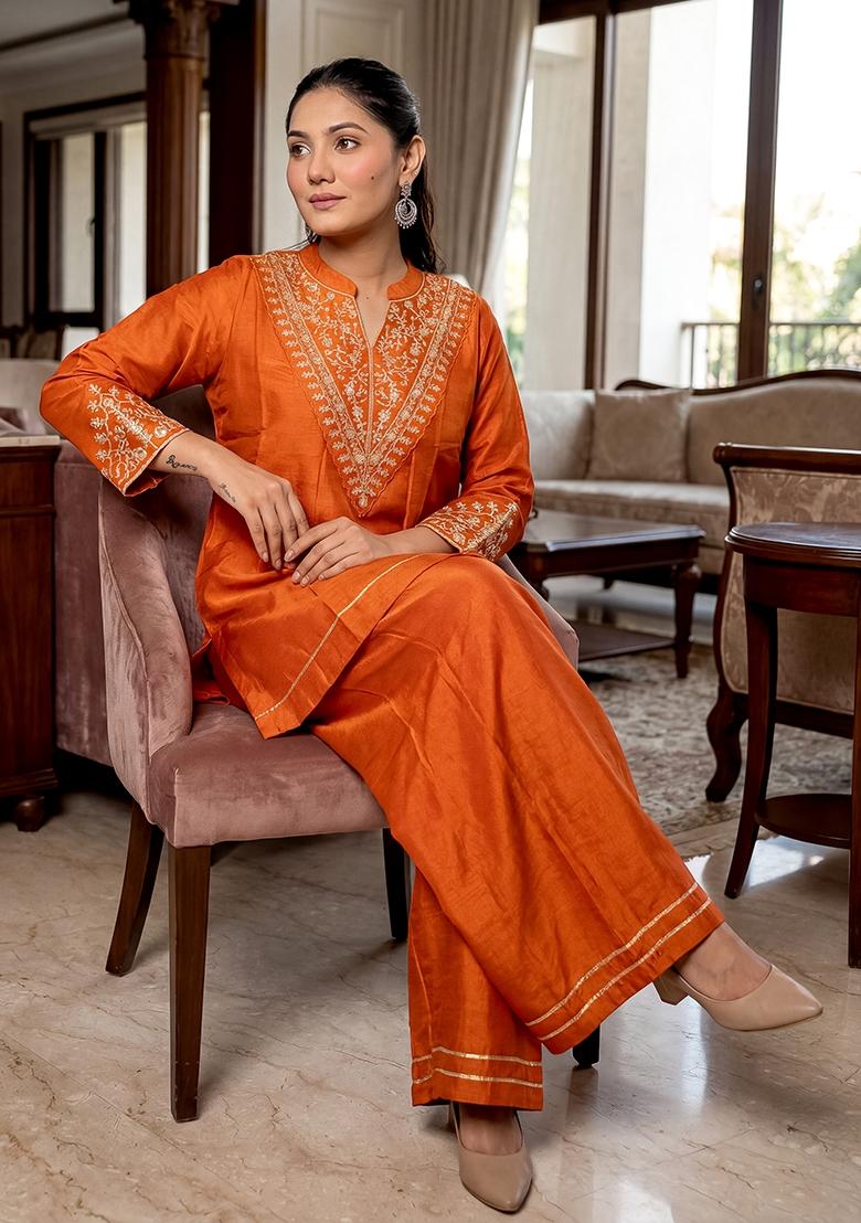 Orange Sequin Work Silk Kurta Set - Indya
