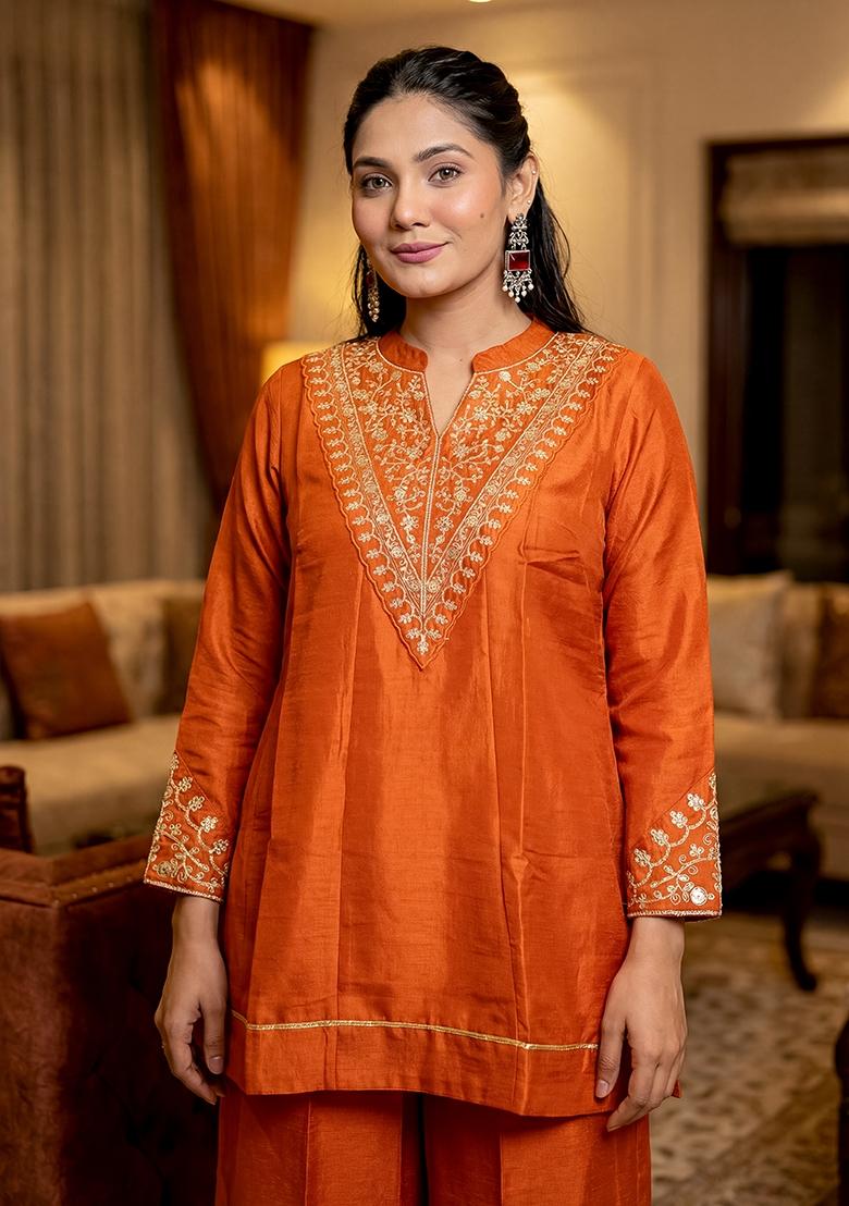 Orange Sequin Work Silk Kurta Set - Indya