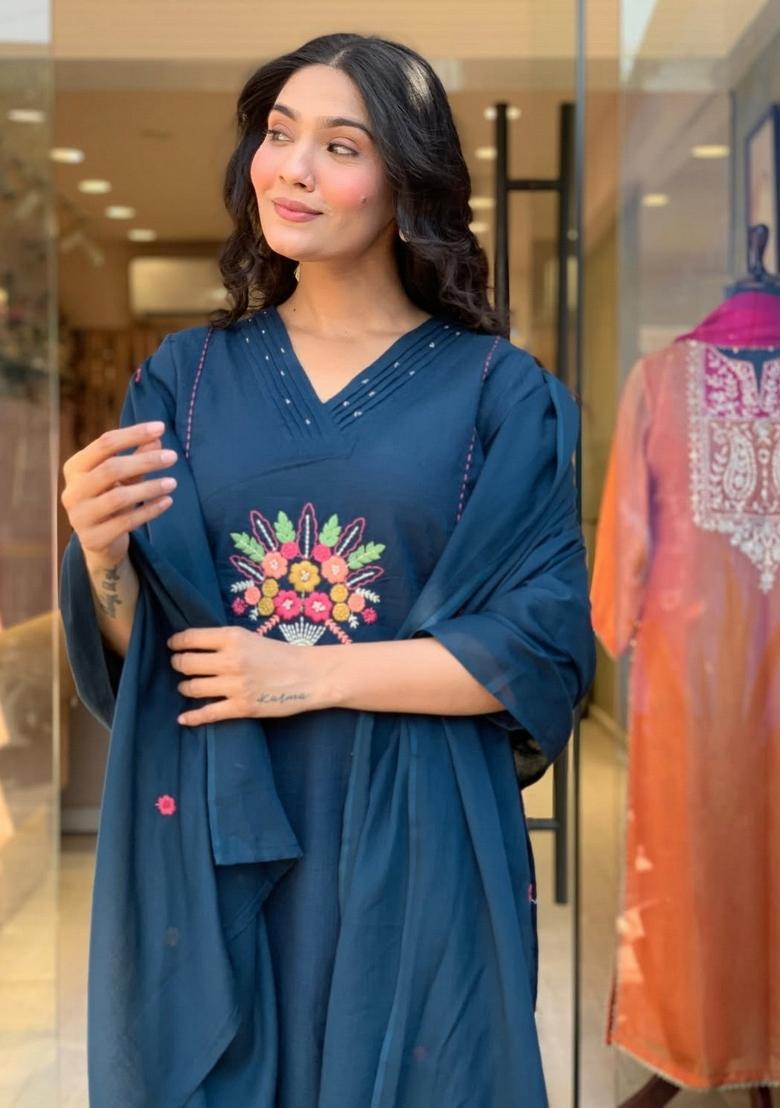 Teal Blue Sequin Work Rayon Kurta Set - Indya