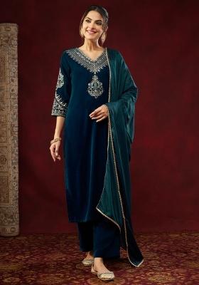 Teal Blue Sequin Work Velvet Kurta Set