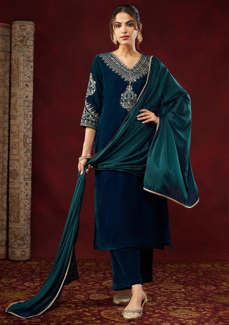 Teal Blue Sequin Work Velvet Kurta Set - Indya