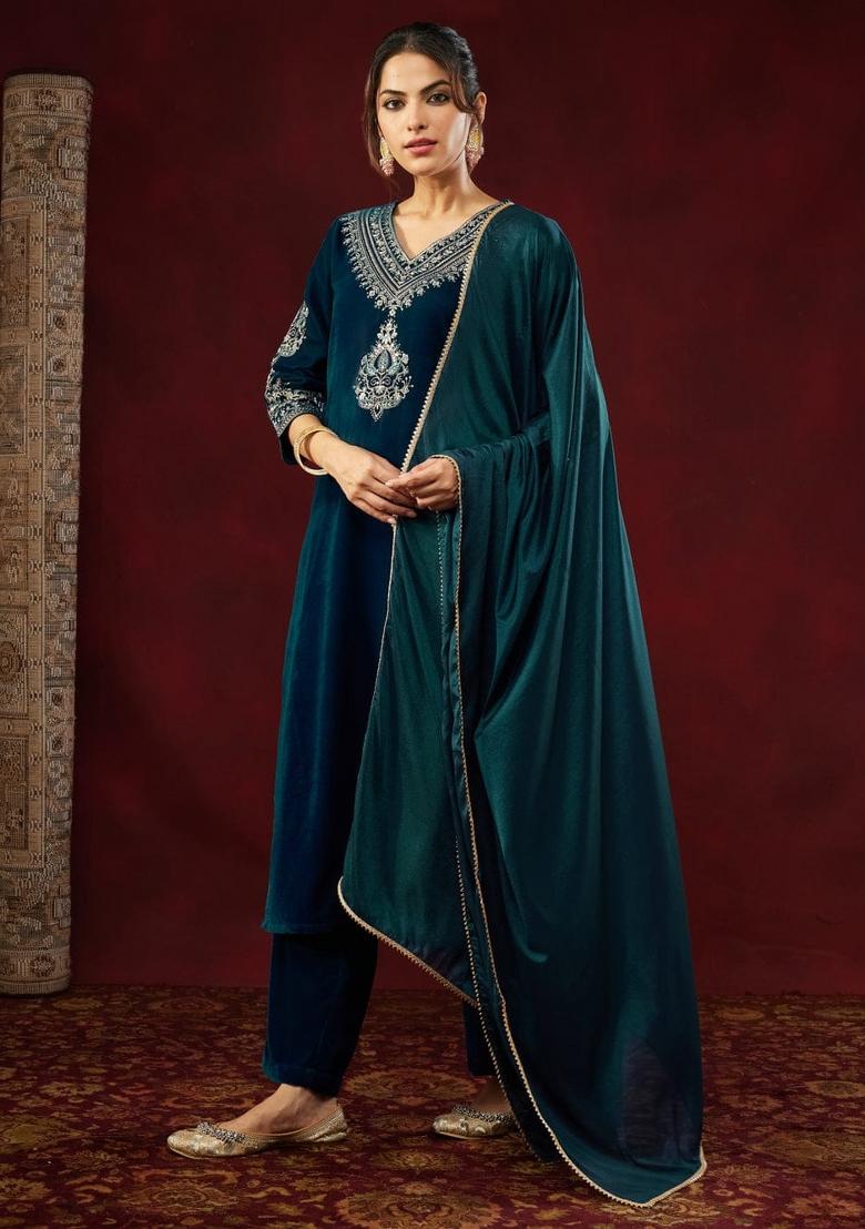Teal Blue Sequin Work Velvet Kurta Set - Indya