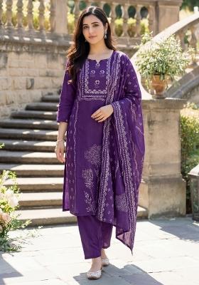 Purple Floral Print Muslin Kurta Set