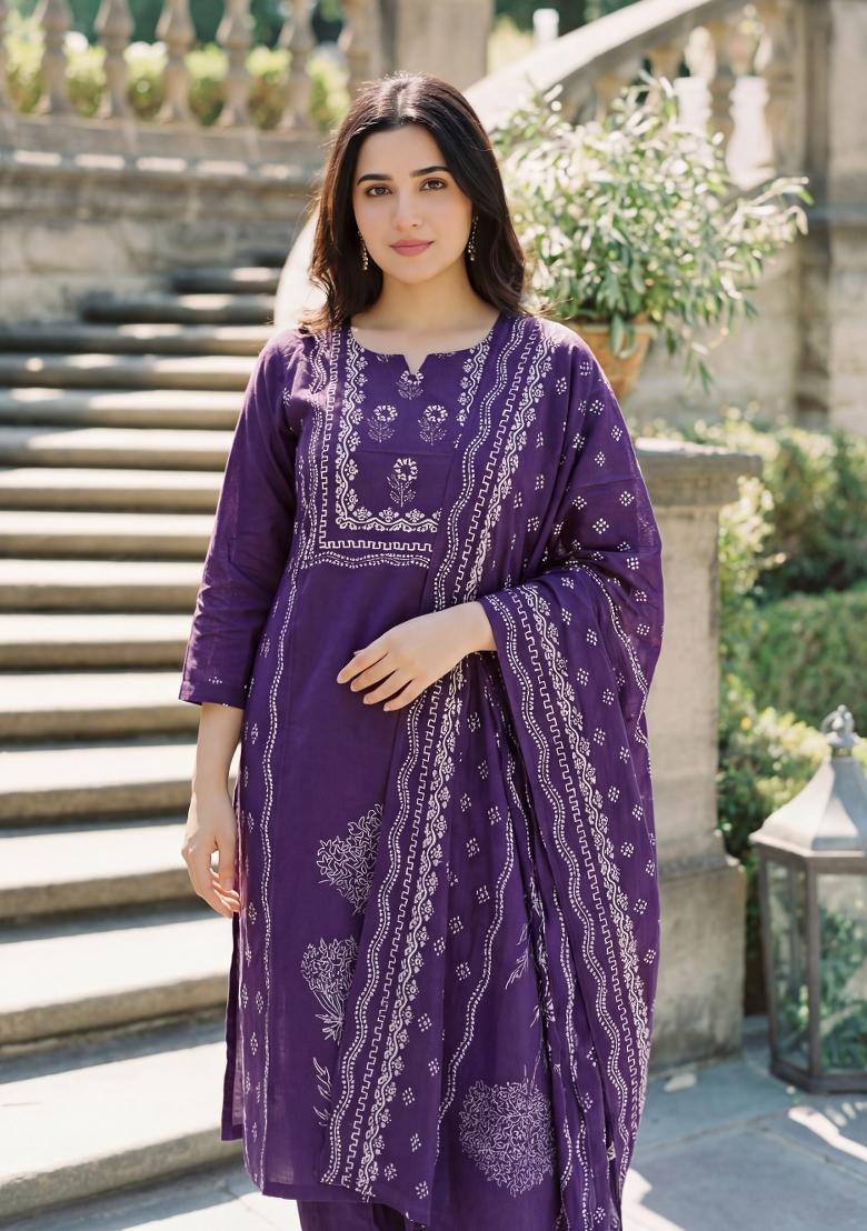 Purple Floral Print Muslin Kurta Set - Indya