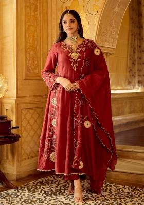 Red Sequin Work Silk Kurta Set