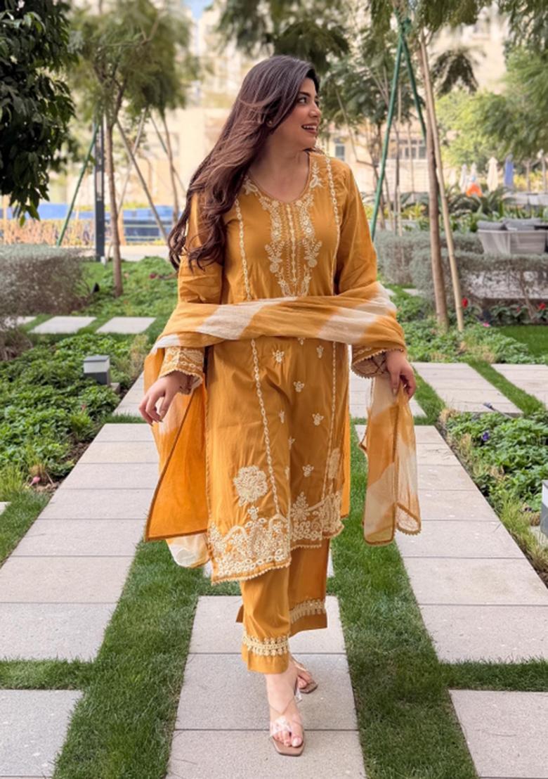Yellow Sequin Work Silk Kurta Set - Indya