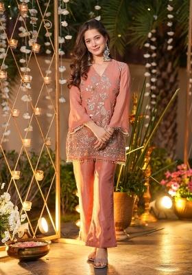 Peach Beads Work Silk Kurta Set