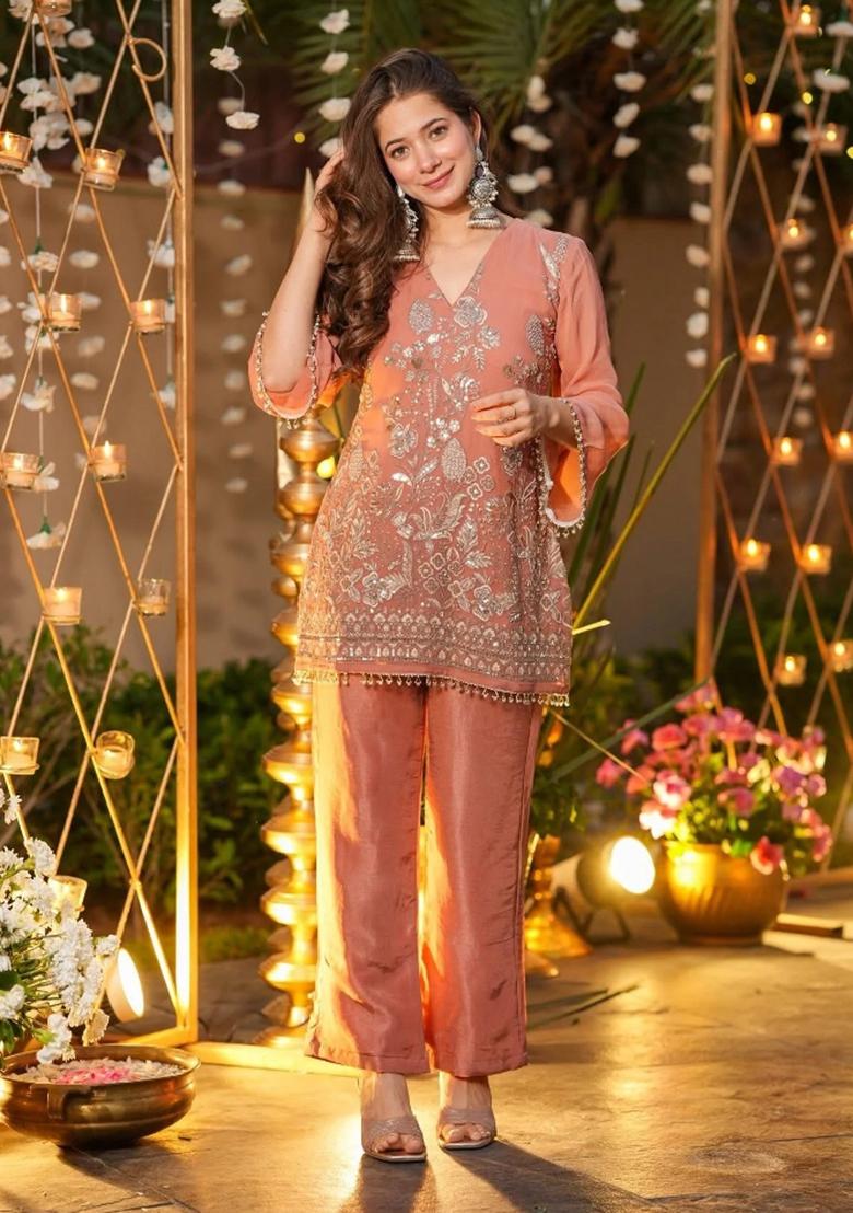 Peach Beads Work Silk Kurta Set - Indya