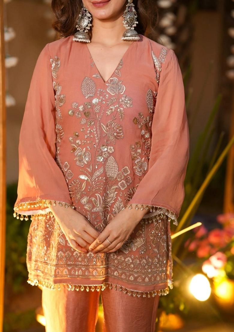 Peach Beads Work Silk Kurta Set - Indya