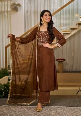 Brown Sequin Work Silk Kurta Set