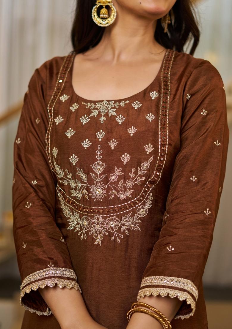 Brown Sequin Work Silk Kurta Set - Indya