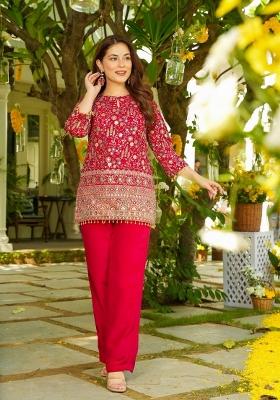 Red Beads Work Crepe Kurta Set