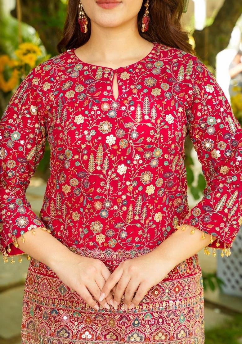 Red Beads Work Crepe Kurta Set - Indya