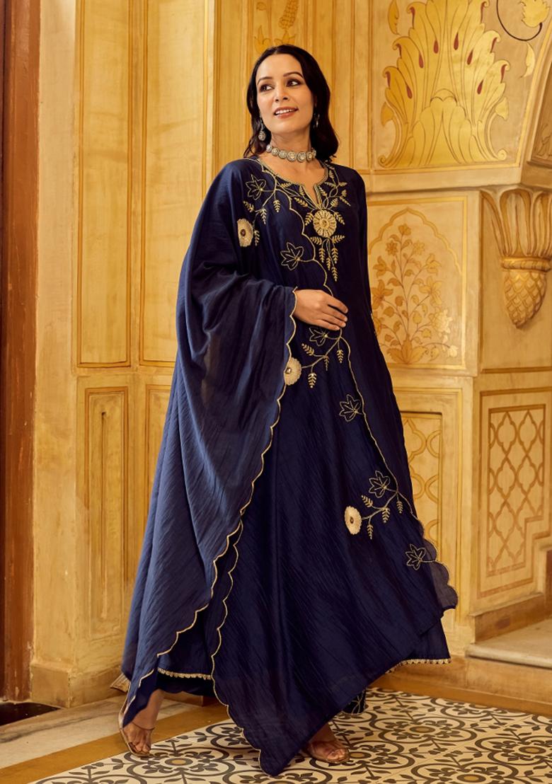 Navy Blue Sequin Work Silk Kurta Set - Indya