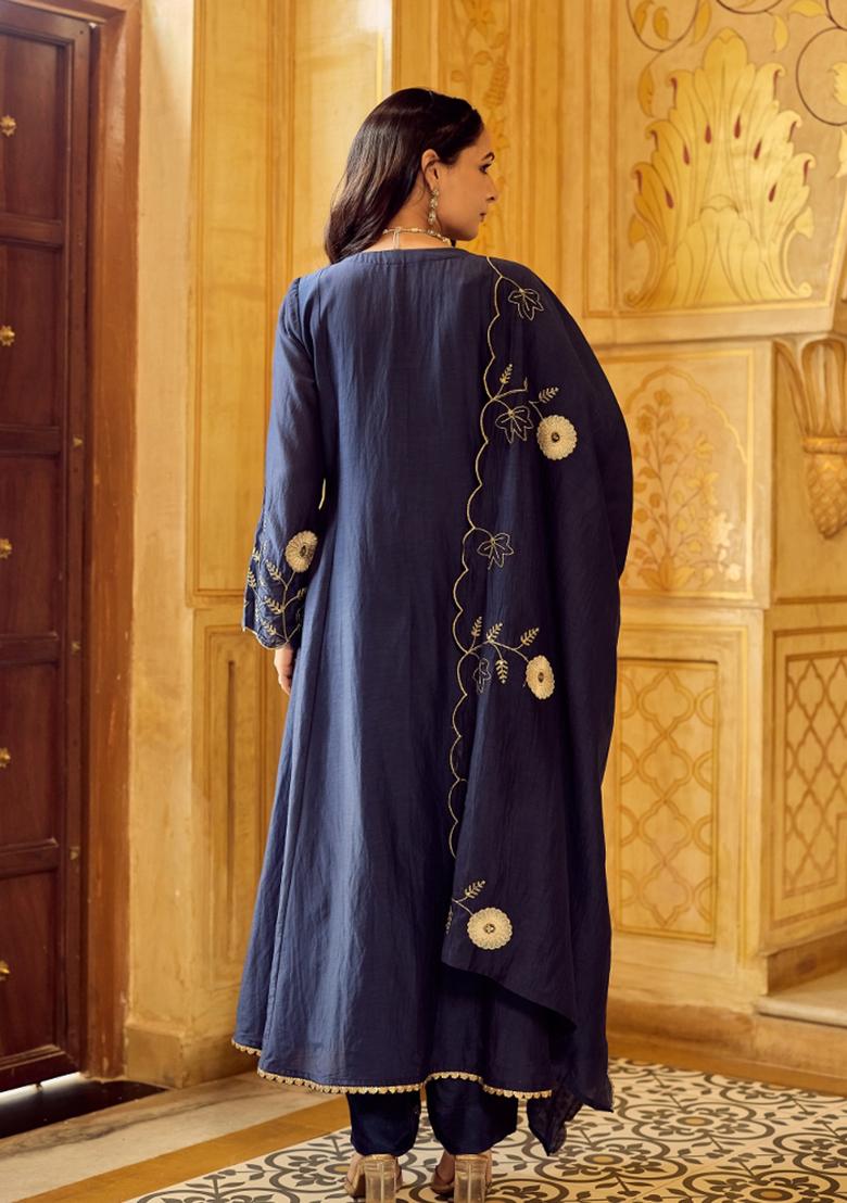 Navy Blue Sequin Work Silk Kurta Set - Indya