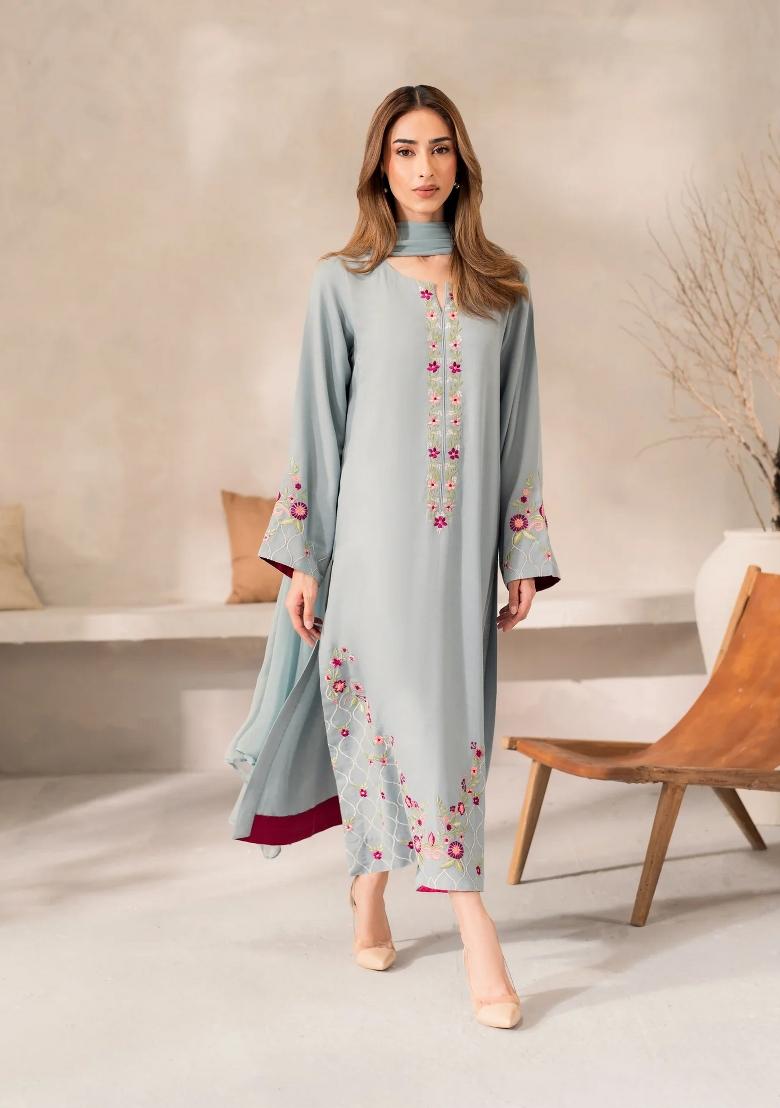 Aqua Blue Sequin Work Silk Kurta Set - Indya