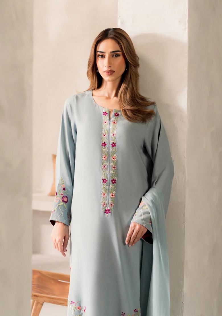Aqua Blue Sequin Work Silk Kurta Set - Indya