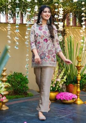 Beige Sequin Work Silk Kurta Set