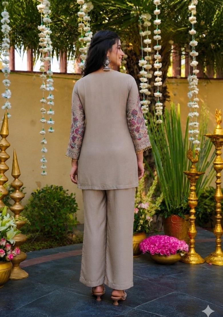 Beige Sequin Work Silk Kurta Set - Indya