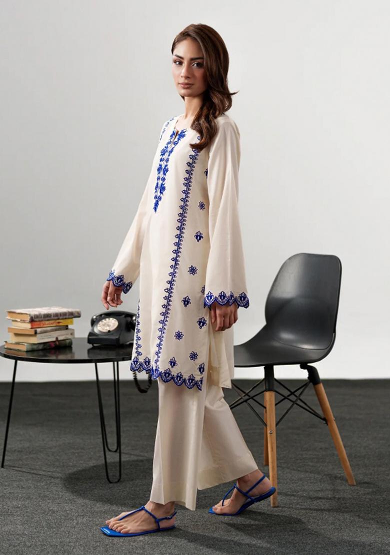 Cream Sequin Work Silk Kurta Set - Indya