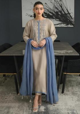 Beige Sequin Work Silk Kurta Set
