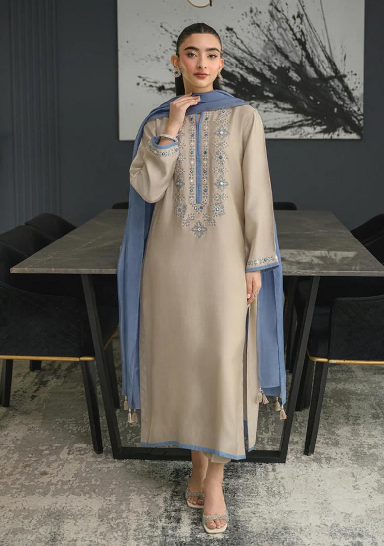 Beige Sequin Work Silk Kurta Set - Indya