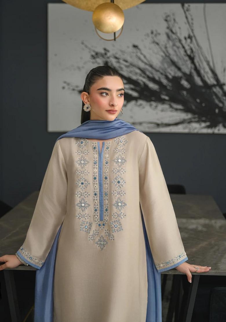 Beige Sequin Work Silk Kurta Set - Indya