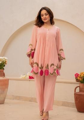 Peach Sequin Work Silk Kurta Set