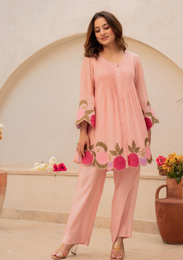 Peach Sequin Work Silk Kurta Set - Indya