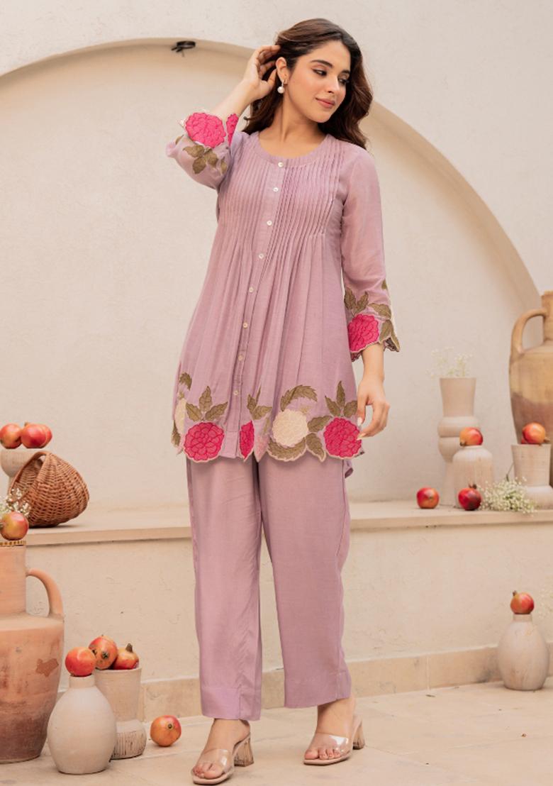 Lavender Sequin Work Silk Kurta Set - Indya