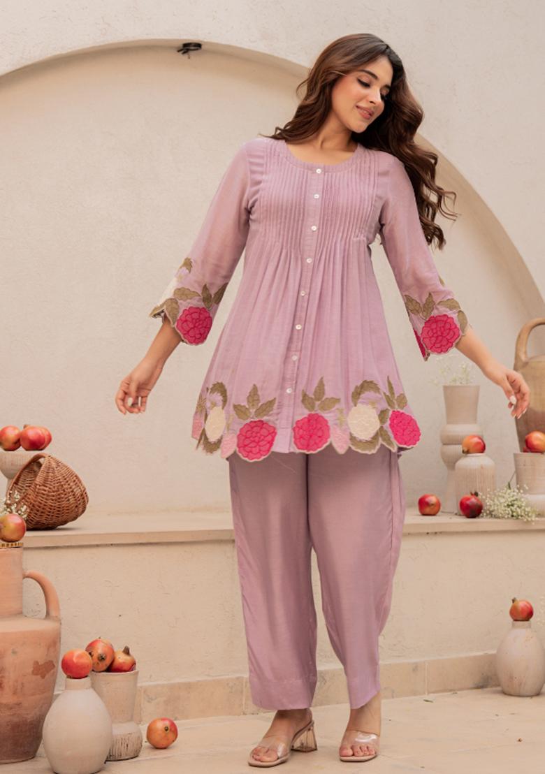 Lavender Sequin Work Silk Kurta Set - Indya