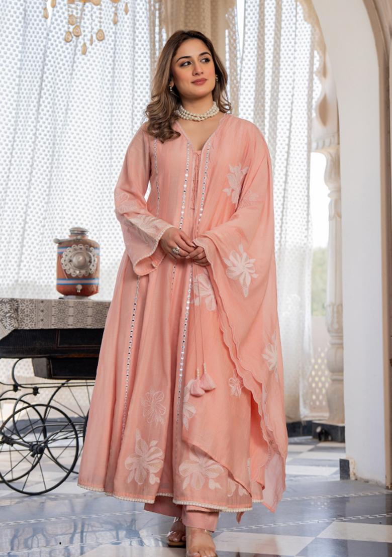 Peach Sequin Work Silk Kurta Set - Indya