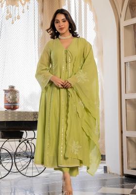 Green Sequin Work Silk Kurta Set