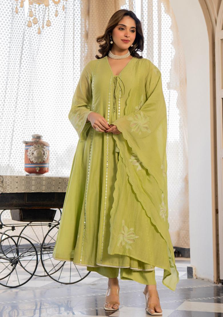 Green Sequin Work Silk Kurta Set - Indya