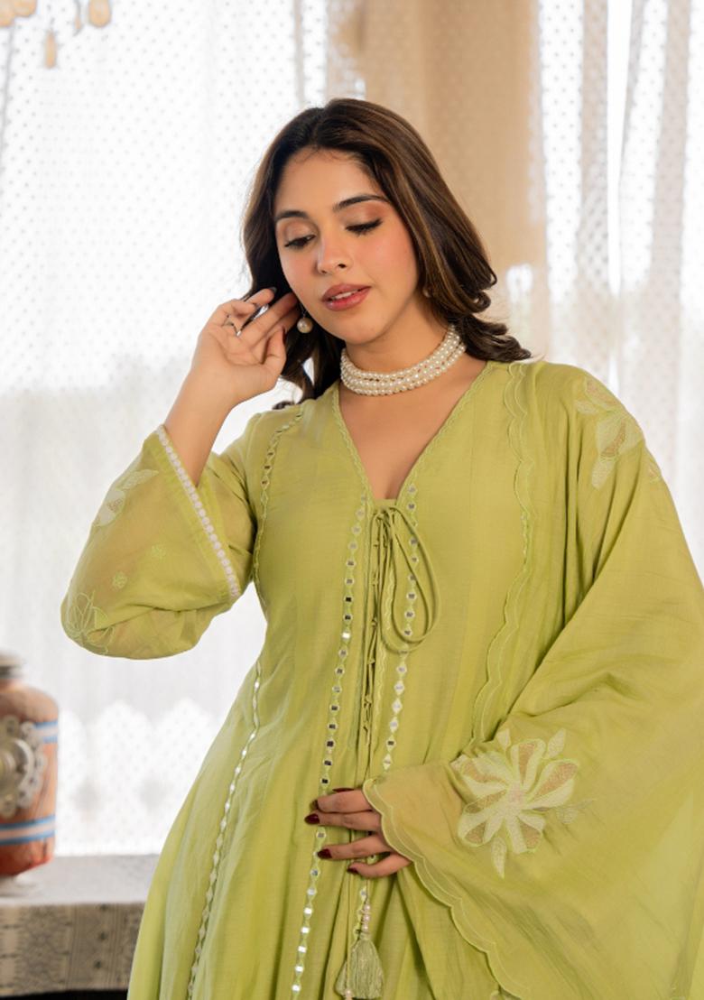 Green Sequin Work Silk Kurta Set - Indya