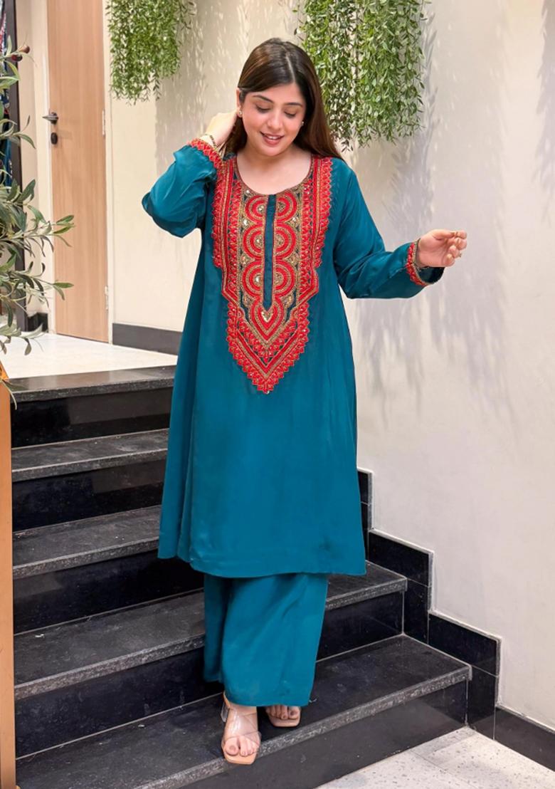 Blue Sequin Work Silk Kurta Set - Indya