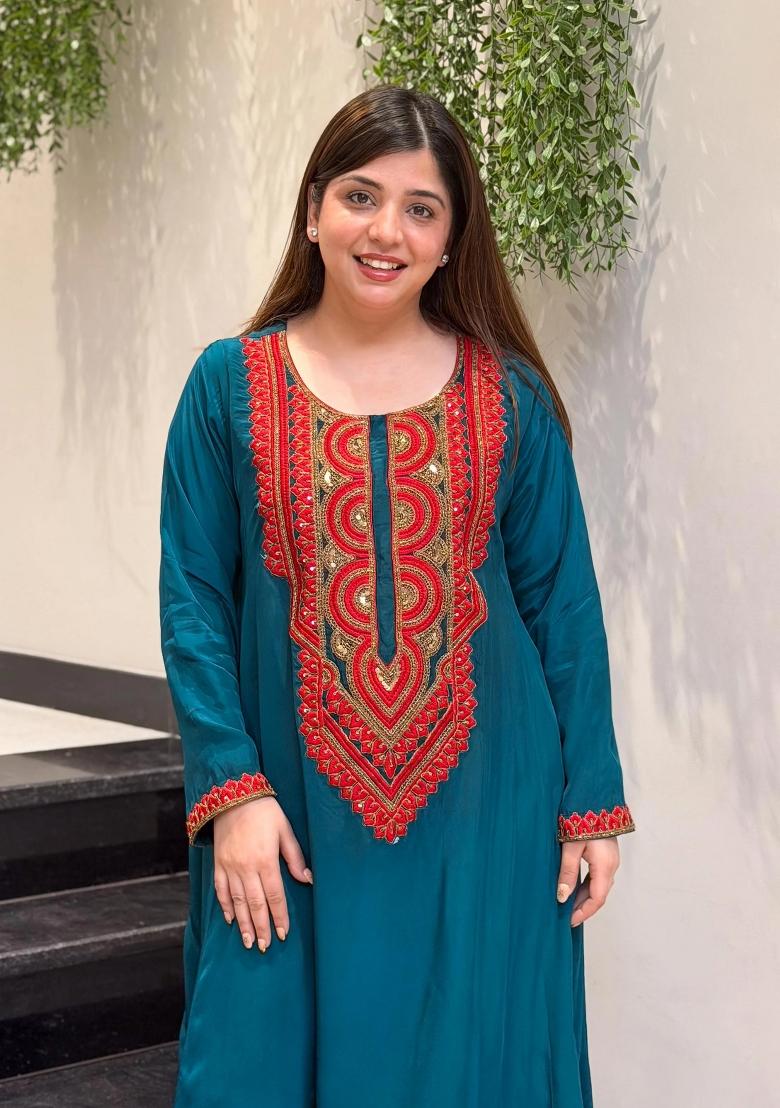 Blue Sequin Work Silk Kurta Set - Indya