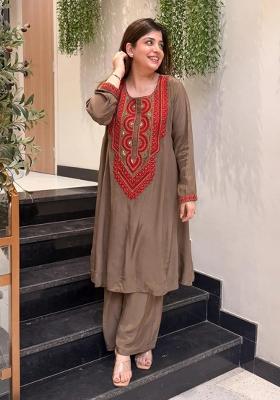 Brown Sequin Work Silk Kurta Set