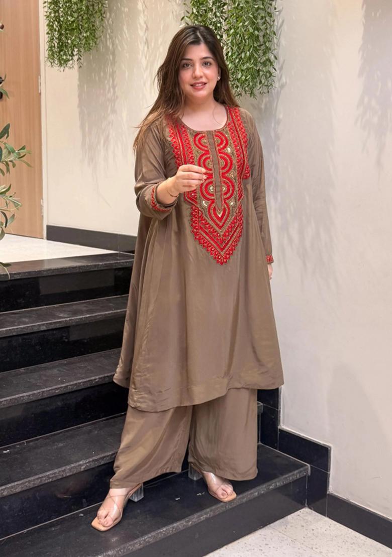 Brown Sequin Work Silk Kurta Set - Indya