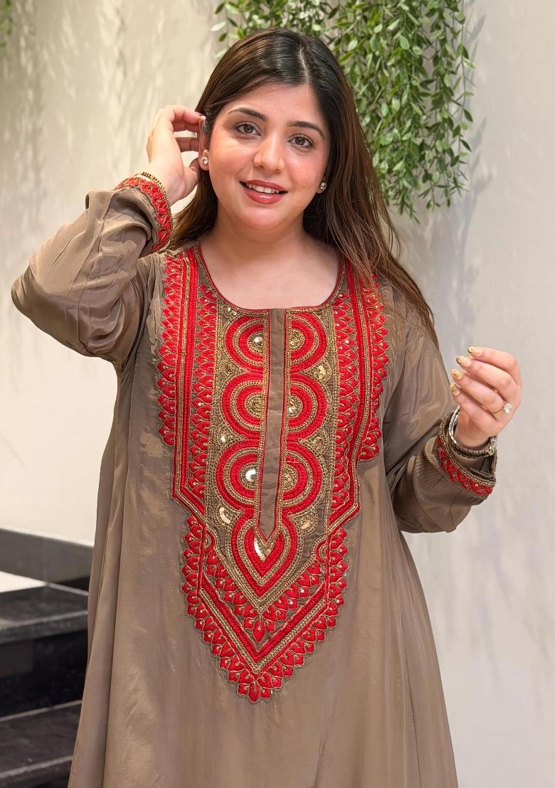 Brown Sequin Work Silk Kurta Set - Indya