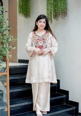 Off White Sequin Work Silk Kurta Set