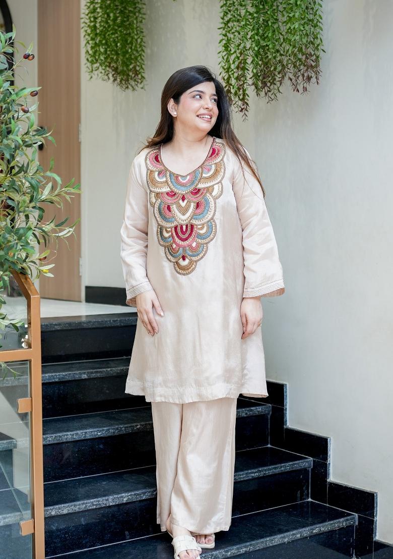 Off White Sequin Work Silk Kurta Set - Indya