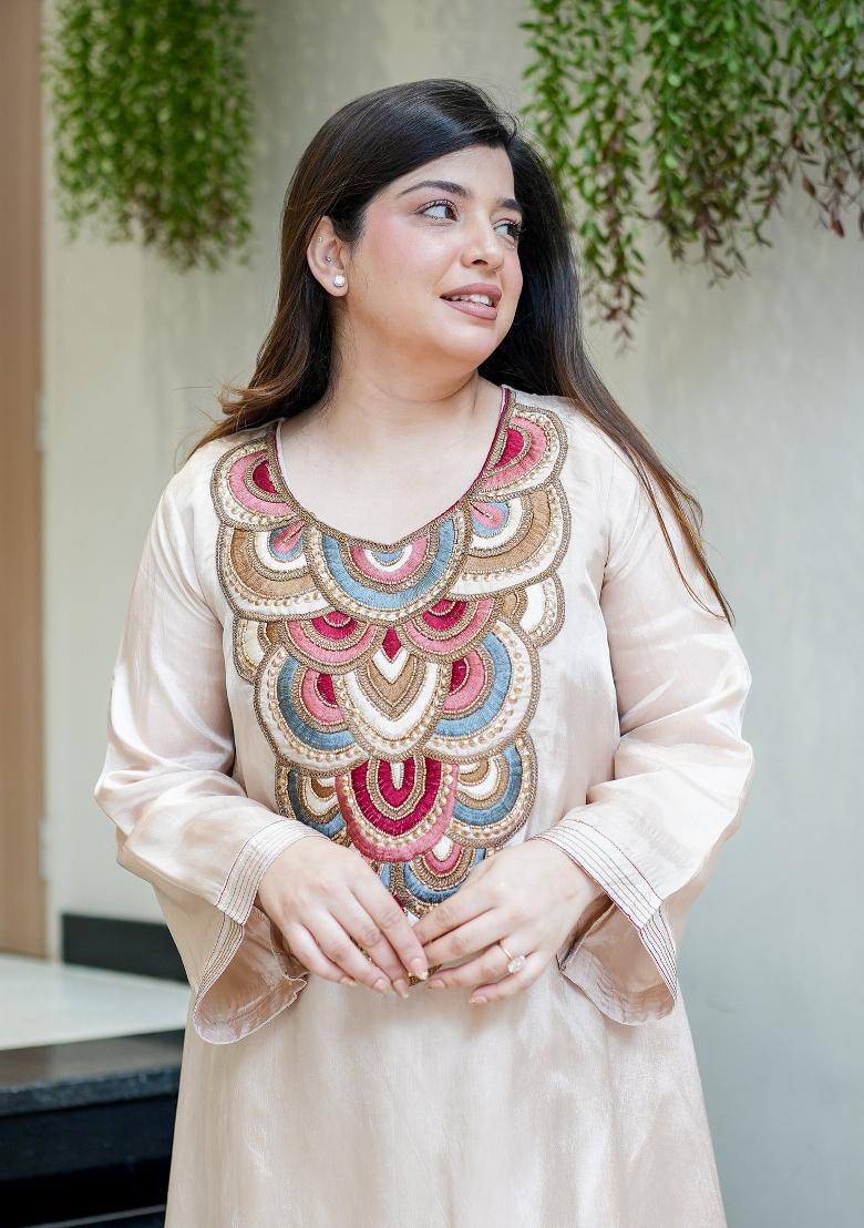 Off White Sequin Work Silk Kurta Set - Indya