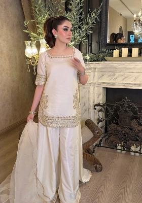 Cream Sequin Work Chinon Kurta Set
