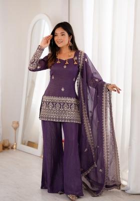 Purple Sequin Work Silk Kurta Set