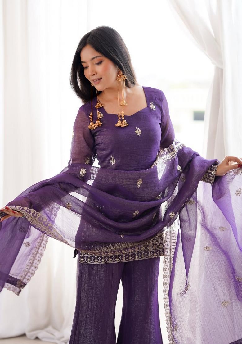Purple Sequin Work Silk Kurta Set - Indya